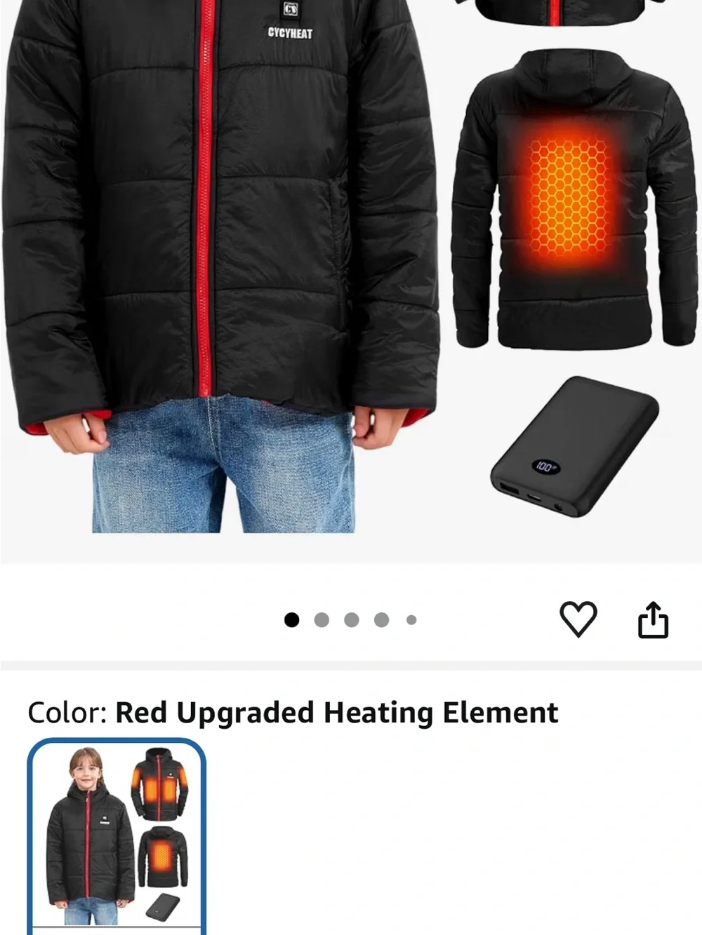 Cycyheat Boys Black heated Puffer Jacket with Red Zip